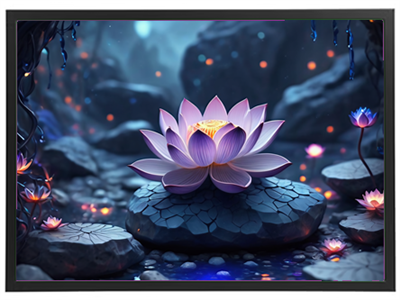 Et smukt billede af en lotusblomst, der blomstrer på en sten i et mystisk, døsigt miljø.