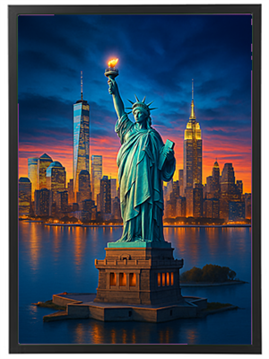 Et billede af Frihedsgudinden med New Yorks skyline i baggrunden ved solnedgang.