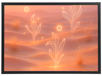 Et surrealistisk ørkenlandskab med lysende planter og bløde, varme farver.