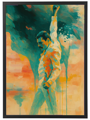 Et kunstnerisk billede af en mand i en dramatisk positur, omgivet af farverige penselstræk.