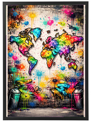 Et farverigt verdenskort malet med spraymaling på en mur, omgivet af sprøjt og grafitti.