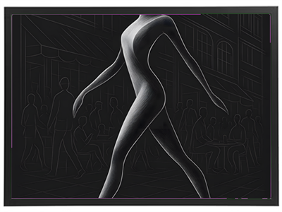 Et stiliseret billede af en slank silhuet, der går gennem en byscene med mennesker og caféer.