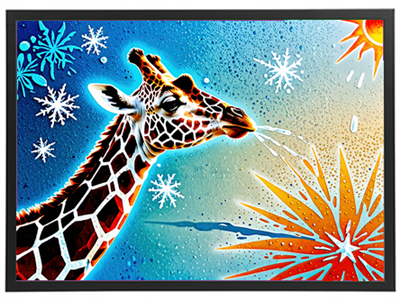 Et kunstnerisk billede af en giraf, der sprøjter vand i et farverigt vintermiljø.