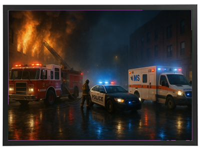 Billedet viser en dramatisk scene med en brændende bygning, hvor brandfolk, politibiler og ambulancer er til stede.