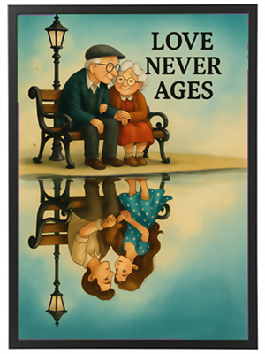 Et hjertevarmt billede af et gammelt par, der deler et øjeblik på en bænk, med refleksioner af deres yngre selv.