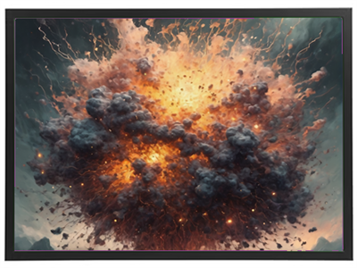 Billedet viser en imponerende eksplosion med ild, røg og gnister, der skaber en dramatisk scene.