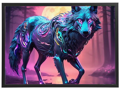 Et farverigt og futuristisk billede af en ulv, der stråler med neonfarver i en skov.