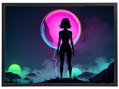 En stiliseret silhuet af en kvinde står med en stor, lysende ballon i et surrealistisk landskab.