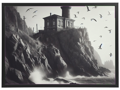 Et sort-hvidt billede af et fyrtårn beliggende på klipper ved havet, omgivet af fugle.