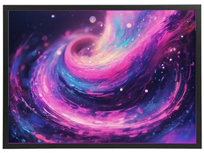 Et abstrakt billede med en farverig spiral, der minder om en galakse med stjerner.