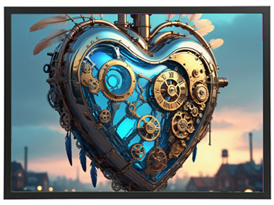 Et unikt hjerte designet med mekaniske gear og blå lys, der kombinerer romantik og teknologi.