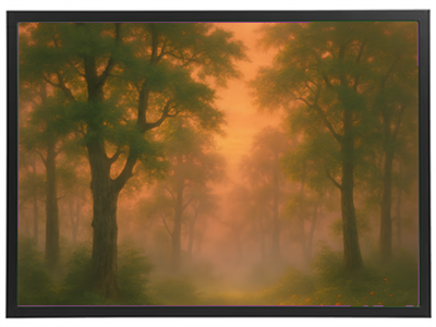 Et malerisk skovlandskab med tåge og gyldne nuancer, der skaber en drømmende atmosfære.