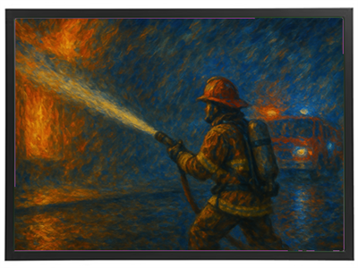 En brandmand bruger en slukker til at bekæmpe flammer i en dramatisk scene.