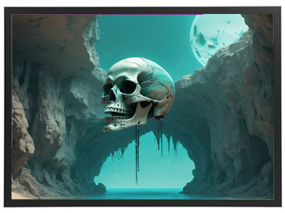 Et surrealistisk billede af en stor, svævende kranium i en hule, oplyst af en måne.