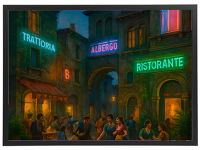 En malerisk gade med neonskilt og mennesker, der nyder en aften i en italiensk restaurant.