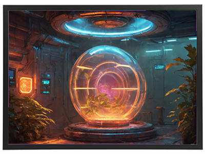 Et futuristisk rum med en glaskapsel, der indeholder planter, oplyst af farverigt lys.