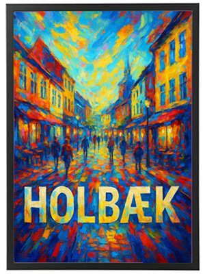 En livlig og farverig maleri af en gade i Holbæk med mennesker og bygninger.