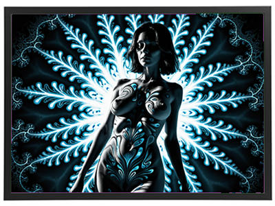 En stiliseret figur med lysende mønstre, der skaber en dramatisk baggrund.