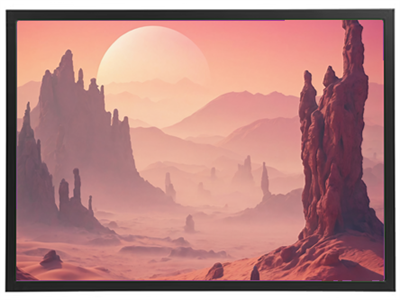 Et surrealistisk landskab med høje klipper og en stor, lysende sol i horisonten.