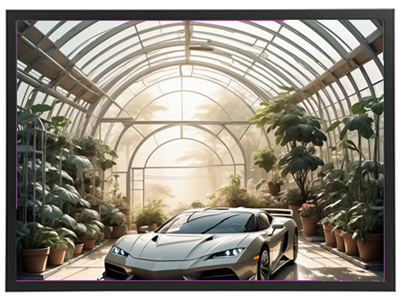 En elegant sportsvogn står i et solfyldt drivhus fyldt med planter.