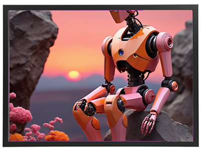 Et robot med pink og sorte detaljer sidder på en klippe med blomster, mens solen går ned.