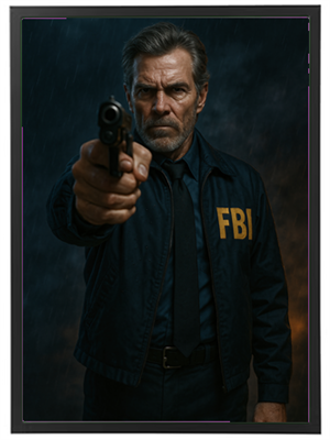 En FBI-agent står med en pistol rettet mod kameraet, omgivet af dramatisk belysning.