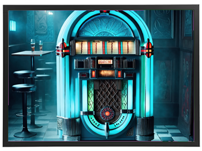 En farverig retro jukebox i en bar, omgivet af skumle lys og borde.