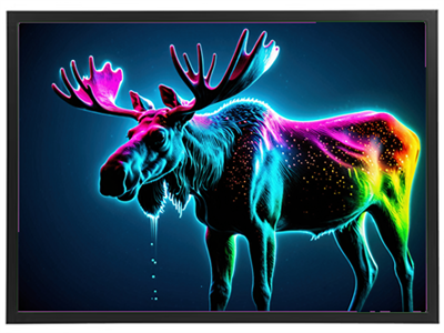 Et kunstnerisk billede af en elg, der er fremstillet i lyse neonfarver med en dramatisk baggrund.