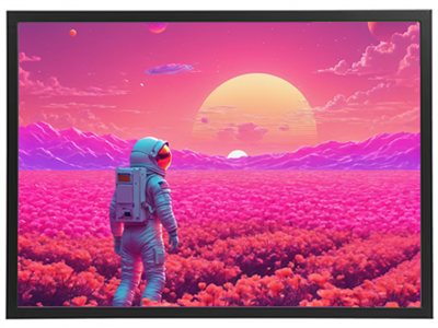 Et billede af en astronaut, der står i et farverigt, surrealistisk landskab med en stor sol.