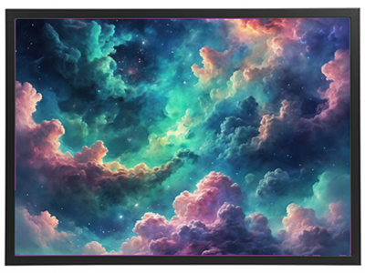 En livlig og farverig fremstilling af en galakse med drømmende, fluffy skyer.