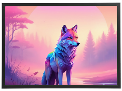 En stiliseret ulv i lyse farver står majestætisk i en drømmende skovlandskab.