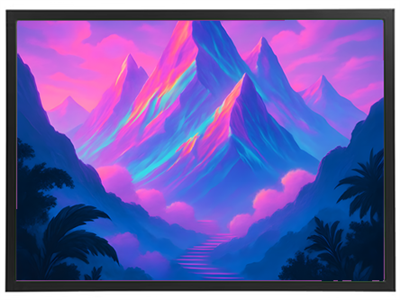 Et surrealistisk bjerglandskab med lyserøde og blå nuancer, omfavnet af skyer.