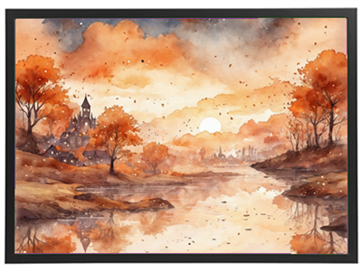 En smuk akvarel af en efterårsscene med en sø, træer i orange nuancer og en solopgang.