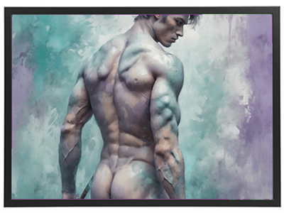 Et maleri af en muskuløs mandlig figur set fra siden, omgivet af abstrakte farver.