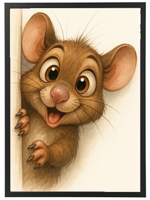 En sød, animeret mus med store øjne og et smil, der kigger frem fra en væg.