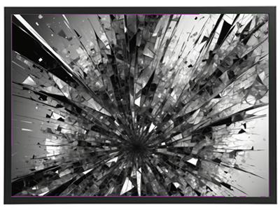 Et sort-hvidt abstrakt billede med en eksplosiv effekt af skarpe, geometriske former.