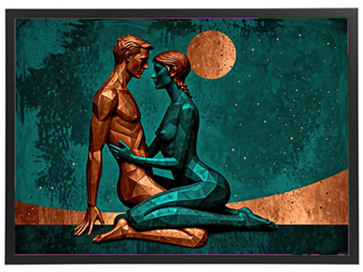 Et farverigt kunstværk, der skildrer en intim scene mellem to mennesker i geometriske former.