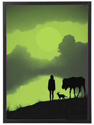 En person står på en bakke med en hund og en hest, omgivet af en grøn himmel.