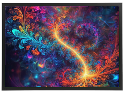 En livlig og kompleks fraktal med spiraler og farverige mønstre, der skaber en hypnotisk effekt.