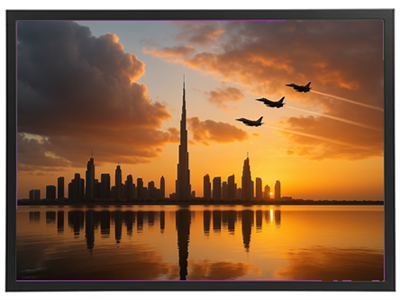 En smuk solnedgang over Dubais skyline med fly, der flyver over vandet.