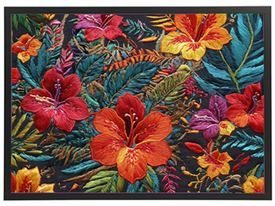 Et detaljeret broderi af farverige blomster og blade, der skaber en livlig komposition.