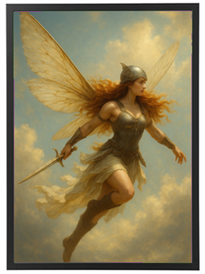 En majestætisk kvindelig kriger med vinger, iført rustning og sværd, svæver gennem en drømmende himmel.