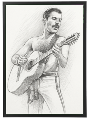 En tegning af en musiker, der synger og spiller guitar med passion.