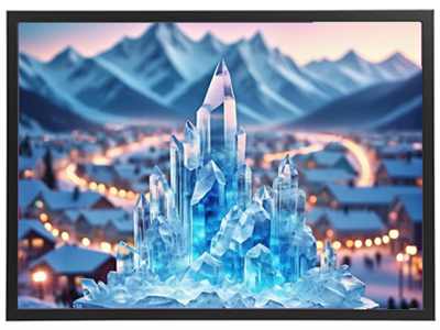 Et betagende syn af iskrystaller, der strækker sig opad i et bjergrigt landskab, med en by i baggrunden.