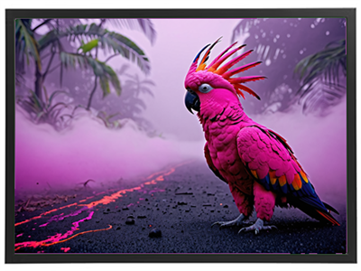En lyserød papegøje står på en vej omgivet af tåge og tropiske planter.