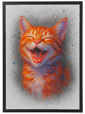 Et farverigt portræt af en orange kat, der smiler bredt og ser glad ud.