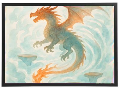 En smuk drage svæver over svævende klipper, omgivet af bølger i bløde farver.