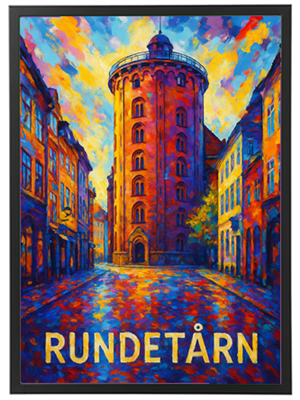 En malerisk gengivelse af Rundetårn i København, omgivet af farverige bygninger og en dramatisk himmel.