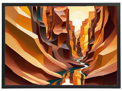 Et stiliseret billede af en kløft med varme farver og en sol, der hæver sig over landskabet.