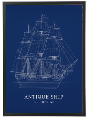 Illustration af et antikt skib fra 1790, præsenteret på en blå baggrund.